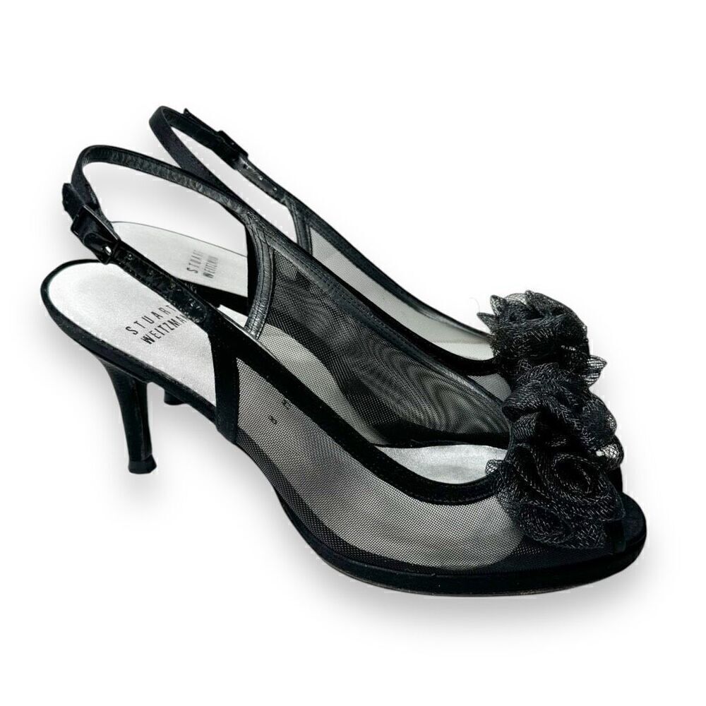 Stuart Weitzman Floral Mesh Ruffle Embellishment Slingback Pumps Black Size 8 M